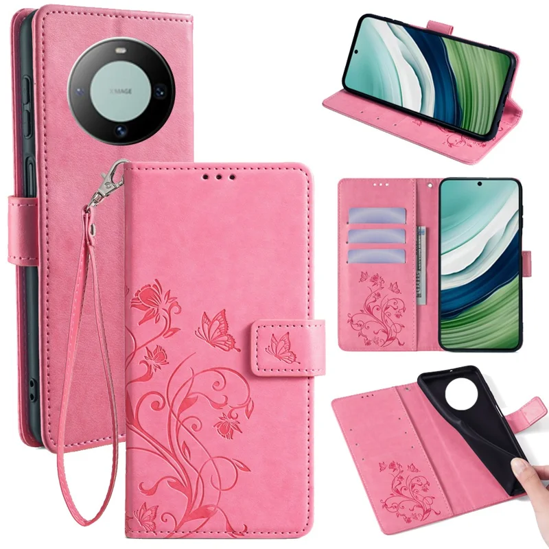For Huawei Mate 60 Case Butterfly Flower PU Leather Stand Magnetic Protective Phone Cover with Strap - Pink