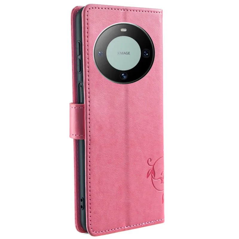 For Huawei Mate 60 Case Butterfly Flower PU Leather Stand Magnetic Protective Phone Cover with Strap - Pink