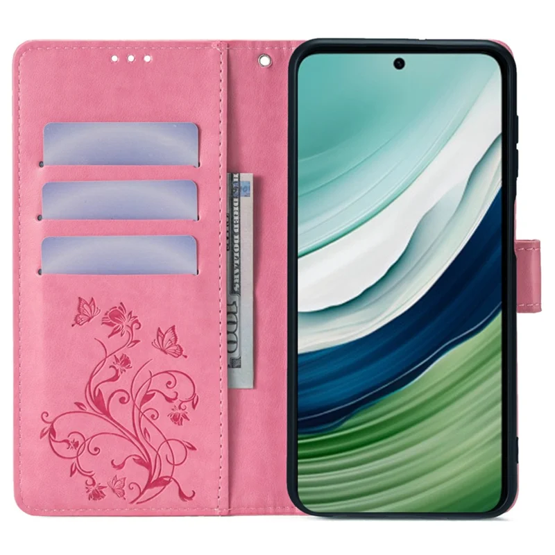 For Huawei Mate 60 Case Butterfly Flower PU Leather Stand Magnetic Protective Phone Cover with Strap - Pink