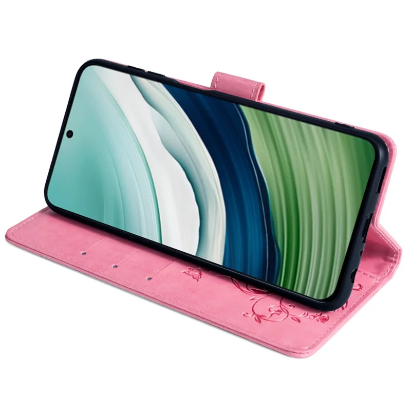 For Huawei Mate 60 Case Butterfly Flower PU Leather Stand Magnetic Protective Phone Cover with Strap - Pink