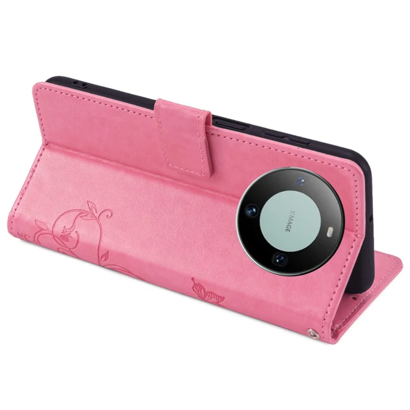 For Huawei Mate 60 Case Butterfly Flower PU Leather Stand Magnetic Protective Phone Cover with Strap - Pink