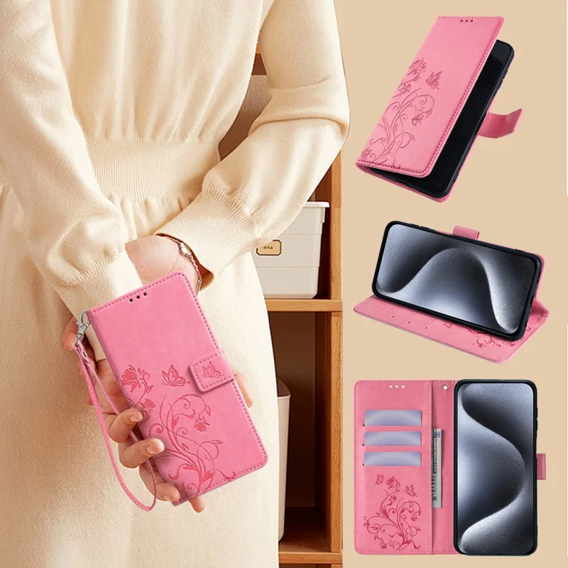 For Huawei Mate 60 Case Butterfly Flower PU Leather Stand Magnetic Protective Phone Cover with Strap - Pink