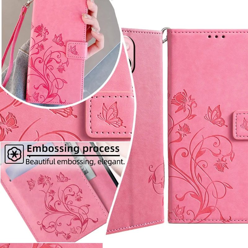 For Huawei Mate 60 Case Butterfly Flower PU Leather Stand Magnetic Protective Phone Cover with Strap - Pink