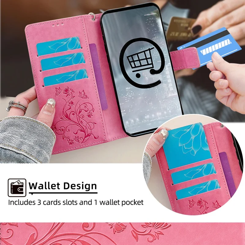 For Huawei Mate 60 Case Butterfly Flower PU Leather Stand Magnetic Protective Phone Cover with Strap - Pink