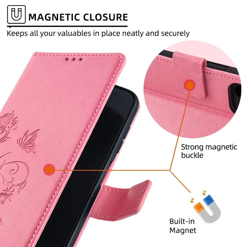 For Huawei Mate 60 Case Butterfly Flower PU Leather Stand Magnetic Protective Phone Cover with Strap - Pink