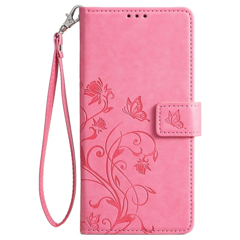 For Huawei Mate 60 Case Butterfly Flower PU Leather Stand Magnetic Protective Phone Cover with Strap - Pink