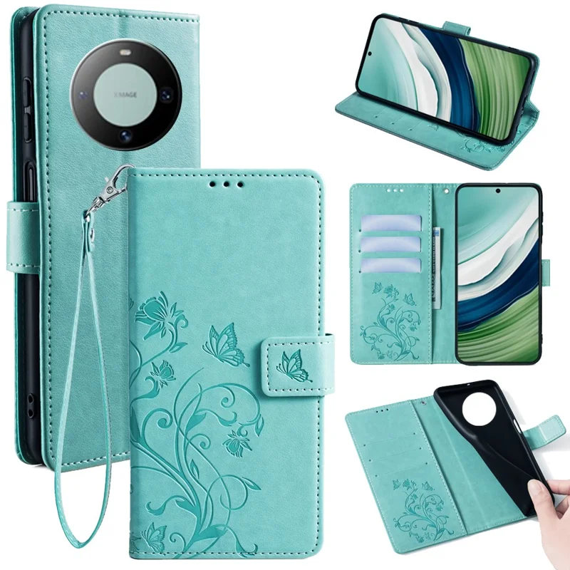 For Huawei Mate 60 Case Butterfly Flower PU Leather Stand Magnetic Protective Phone Cover with Strap - Green