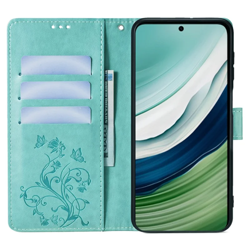 For Huawei Mate 60 Case Butterfly Flower PU Leather Stand Magnetic Protective Phone Cover with Strap - Green