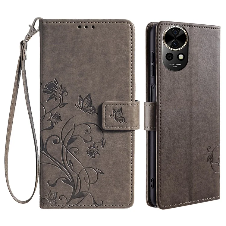 Pour étui Huawei nova 12 5G en cuir PU avec dragonne, motif floral de papillon portefeuille avec support - Gris