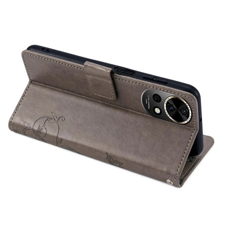 Pour étui Huawei nova 12 5G en cuir PU avec dragonne, motif floral de papillon portefeuille avec support - Gris