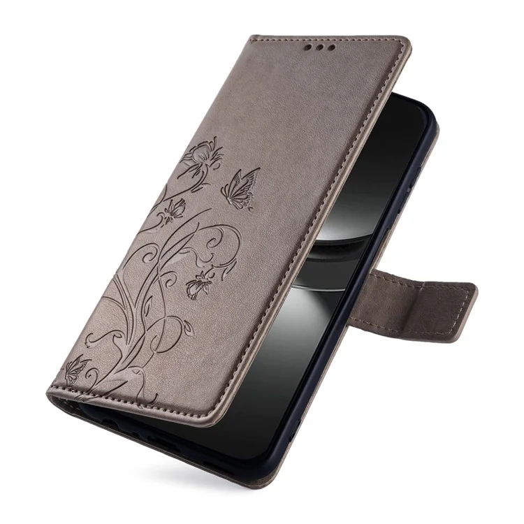 Pour étui Huawei nova 12 5G en cuir PU avec dragonne, motif floral de papillon portefeuille avec support - Gris