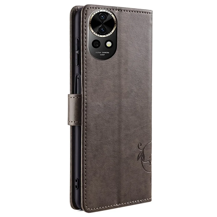 Pour étui Huawei nova 12 5G en cuir PU avec dragonne, motif floral de papillon portefeuille avec support - Gris