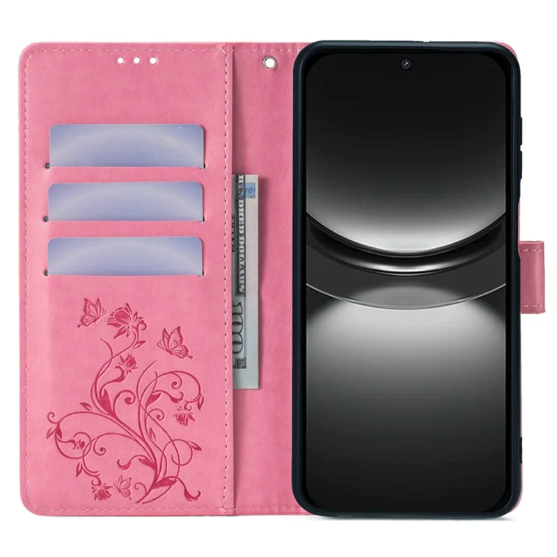 For Huawei nova 12 5G Case PU Leather Stand with Strap Butterfly Flower Wallet Cover - Pink
