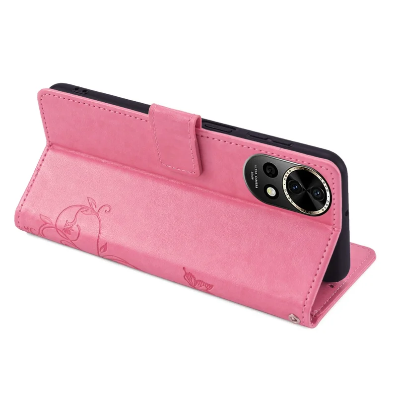 For Huawei nova 12 5G Case PU Leather Stand with Strap Butterfly Flower Wallet Cover - Pink