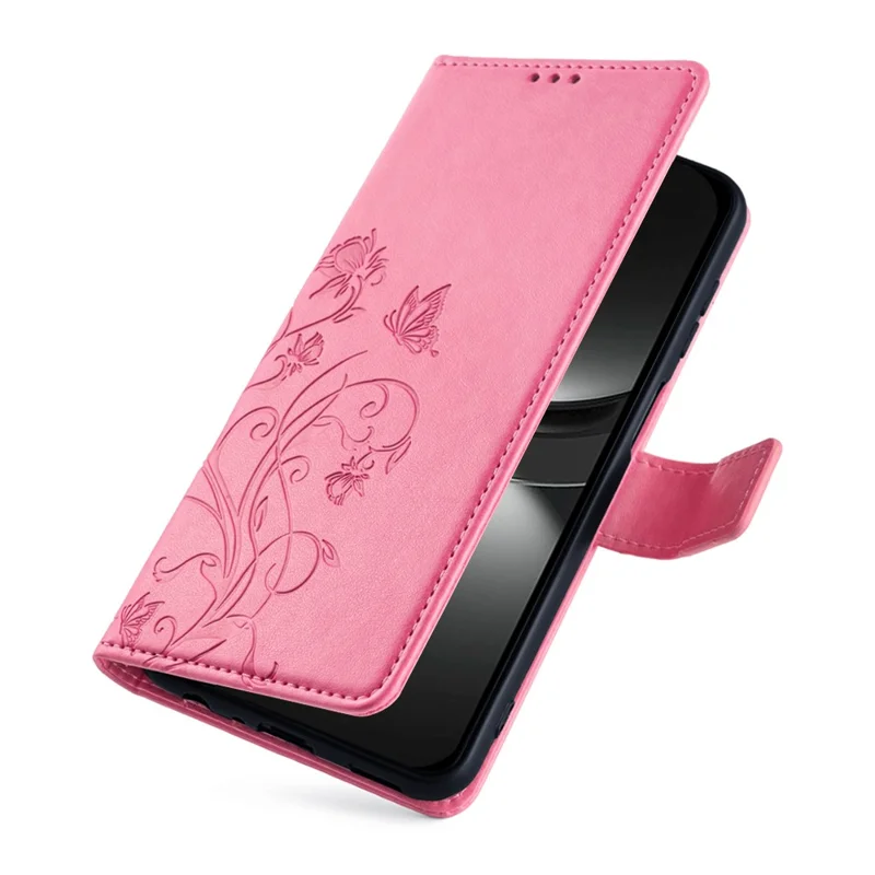 For Huawei nova 12 5G Case PU Leather Stand with Strap Butterfly Flower Wallet Cover - Pink