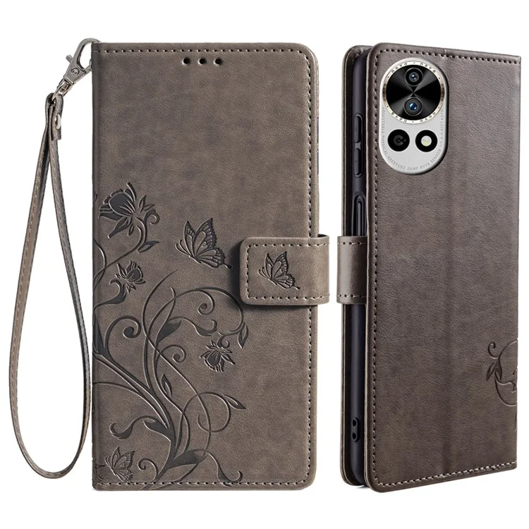 Para Huawei nova 12 Pro 5G / nova 12 Ultra 5G Funda Mariposa Flor Impresa Funda Protectora de Cuero Plegable - Gris