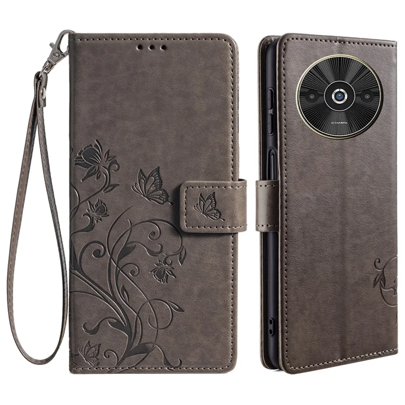 For Xiaomi Redmi A3/Poco C61 Case Card Slots Cover Butterfly Flower PU Leather Stand Phone Shell with Strap - Grey