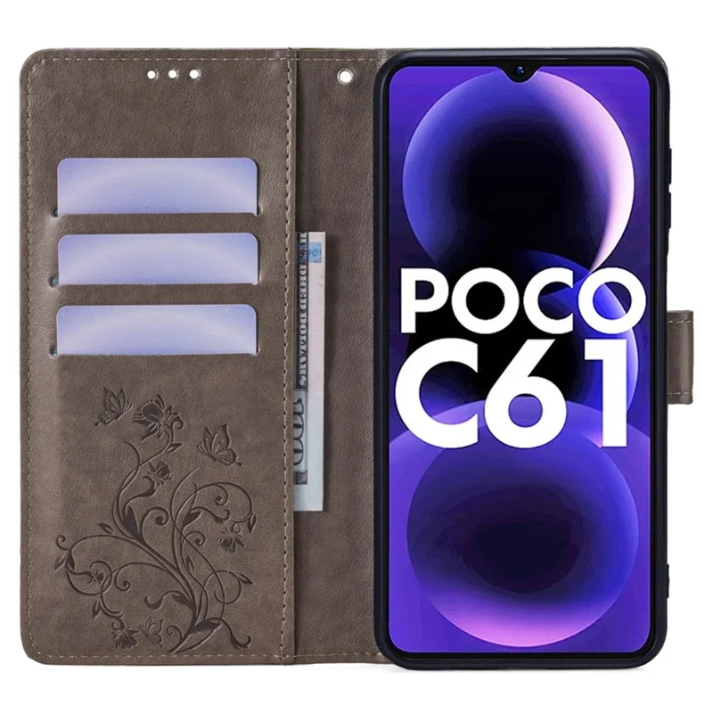 For Xiaomi Redmi A3/Poco C61 Case Card Slots Cover Butterfly Flower PU Leather Stand Phone Shell with Strap - Grey