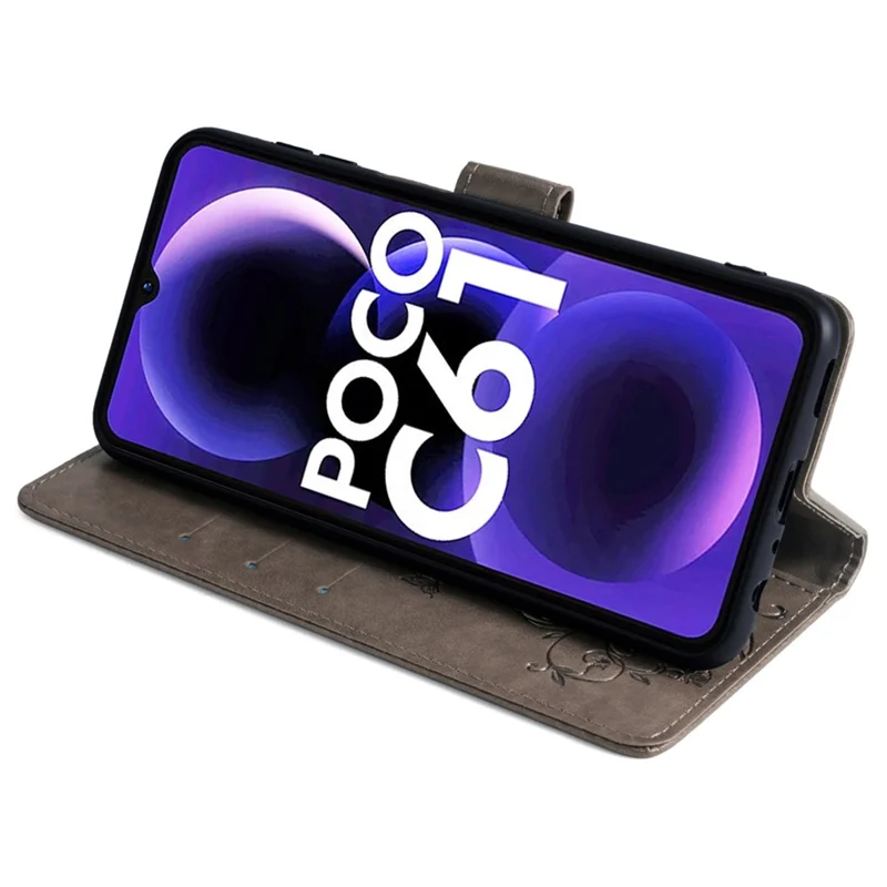 For Xiaomi Redmi A3/Poco C61 Case Card Slots Cover Butterfly Flower PU Leather Stand Phone Shell with Strap - Grey