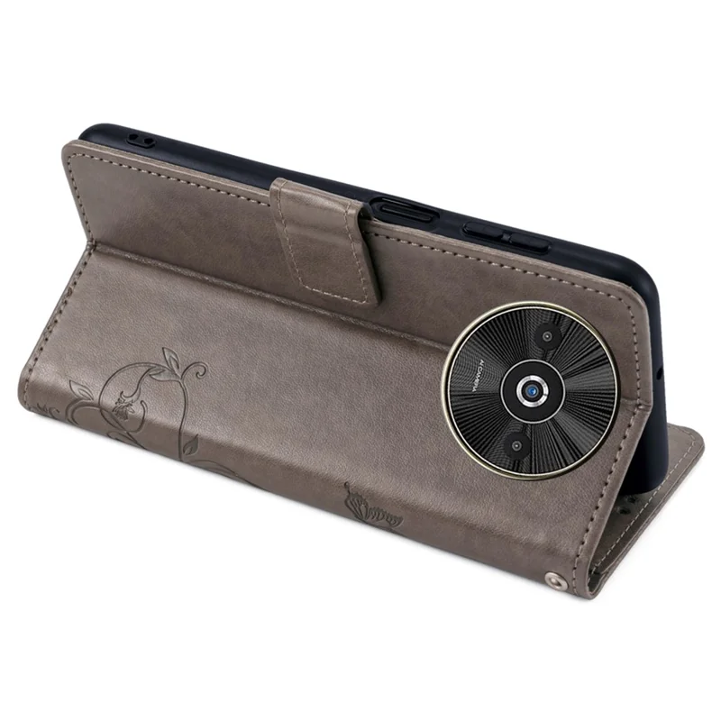 For Xiaomi Redmi A3/Poco C61 Case Card Slots Cover Butterfly Flower PU Leather Stand Phone Shell with Strap - Grey