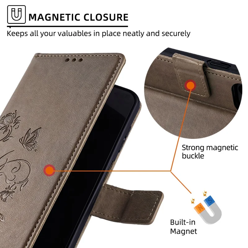 For Xiaomi Redmi A3/Poco C61 Case Card Slots Cover Butterfly Flower PU Leather Stand Phone Shell with Strap - Grey