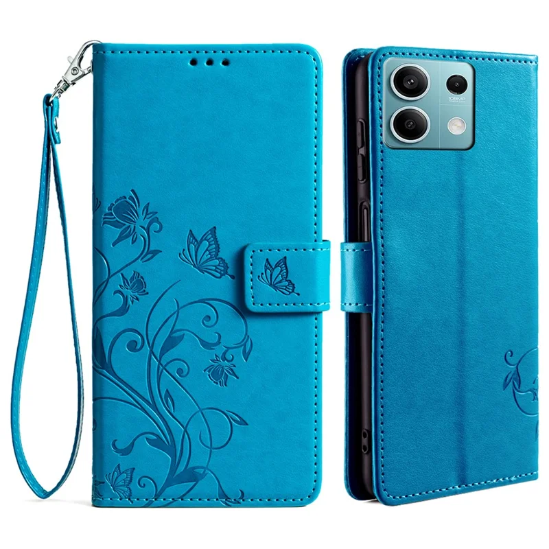 Para Xiaomi Redmi Note 13 4G Anti-Scratch Phone Cover Capa em Couro PU Padrão Borboleta Floral com Suporte - Azul