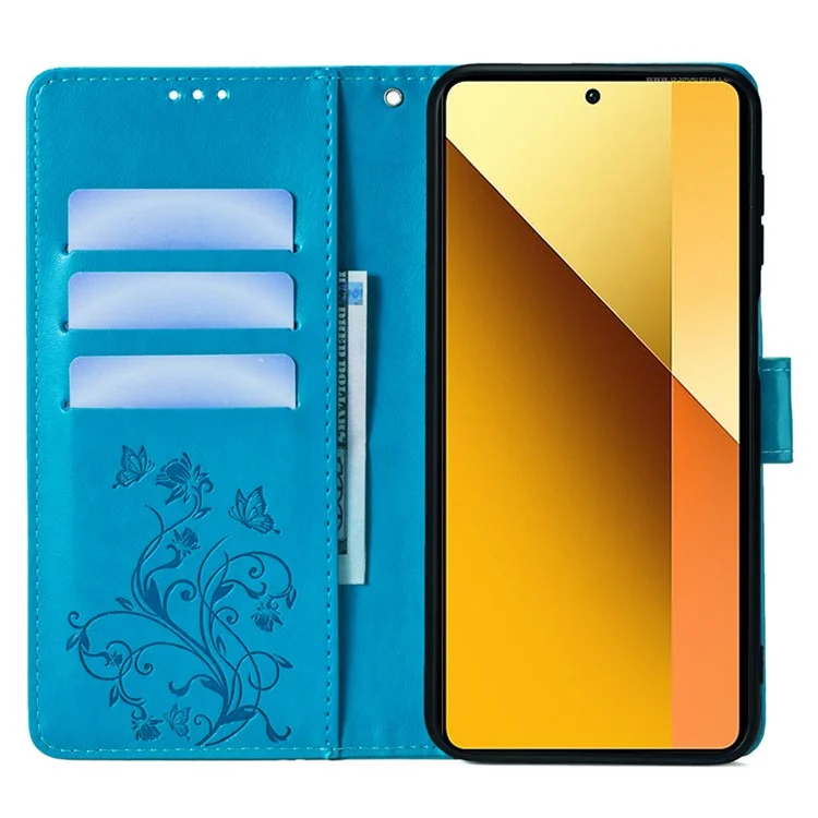 Para Xiaomi Redmi Note 13 4G Anti-Scratch Phone Cover Capa em Couro PU Padrão Borboleta Floral com Suporte - Azul