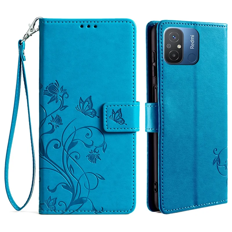 For Xiaomi Redmi 12C 4G Case Folio Flip Butterfly Flower PU Leather Phone Cover - Blue