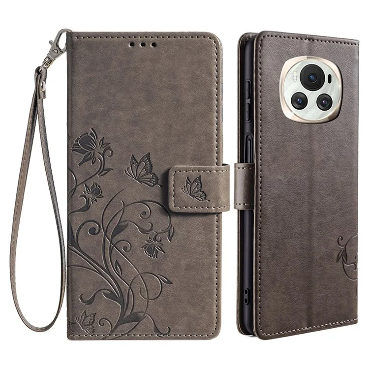 For Honor Magic6 5G Hülle PU-Leder Schmetterling Blume Handyhülle mit Kartenfächern und Ständer - Grau