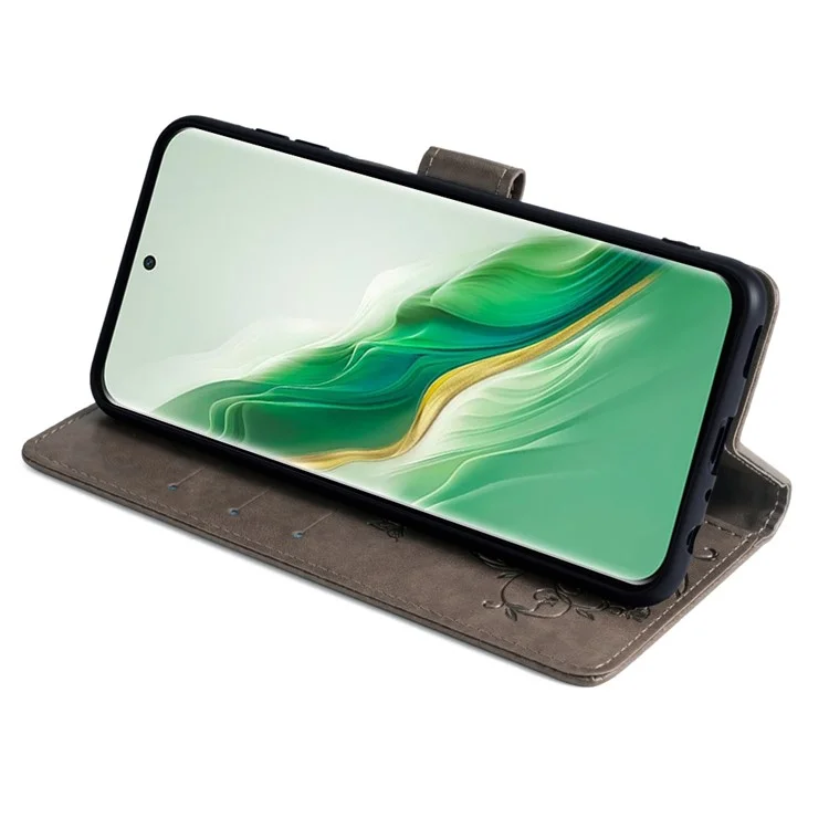 For Honor Magic6 5G Hülle PU-Leder Schmetterling Blume Handyhülle mit Kartenfächern und Ständer - Grau