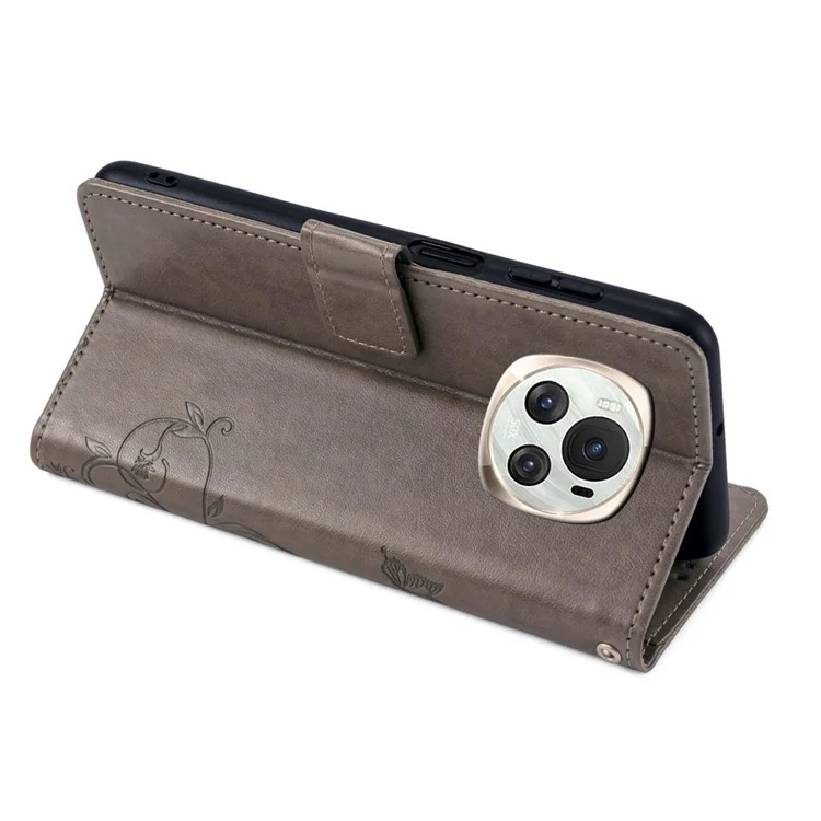For Honor Magic6 5G Hülle PU-Leder Schmetterling Blume Handyhülle mit Kartenfächern und Ständer - Grau
