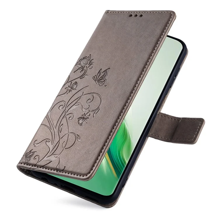 For Honor Magic6 5G Hülle PU-Leder Schmetterling Blume Handyhülle mit Kartenfächern und Ständer - Grau