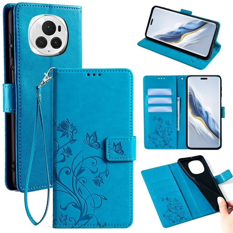 For Honor Magic6 Pro 5G Wallet Case Butterfly Flower Pattern PU Leather Stand Phone Cover - Blue