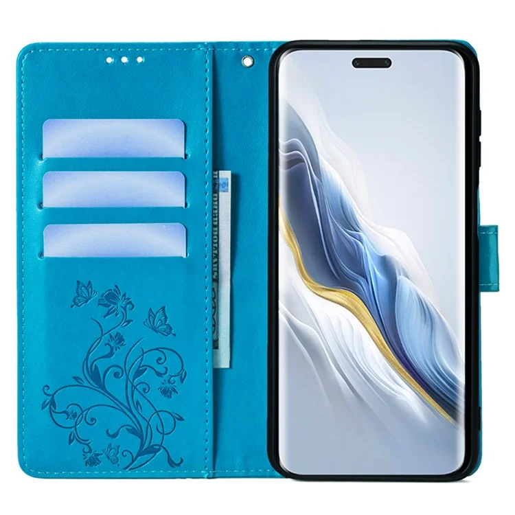 For Honor Magic6 Pro 5G Wallet Case Butterfly Flower Pattern PU Leather Stand Phone Cover - Blue