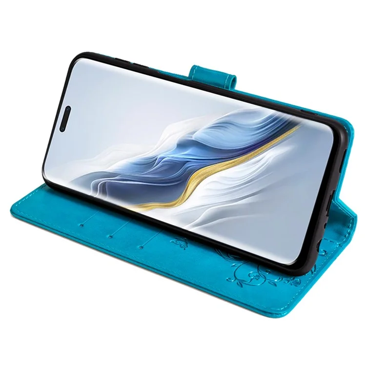 For Honor Magic6 Pro 5G Wallet Case Butterfly Flower Pattern PU Leather Stand Phone Cover - Blue