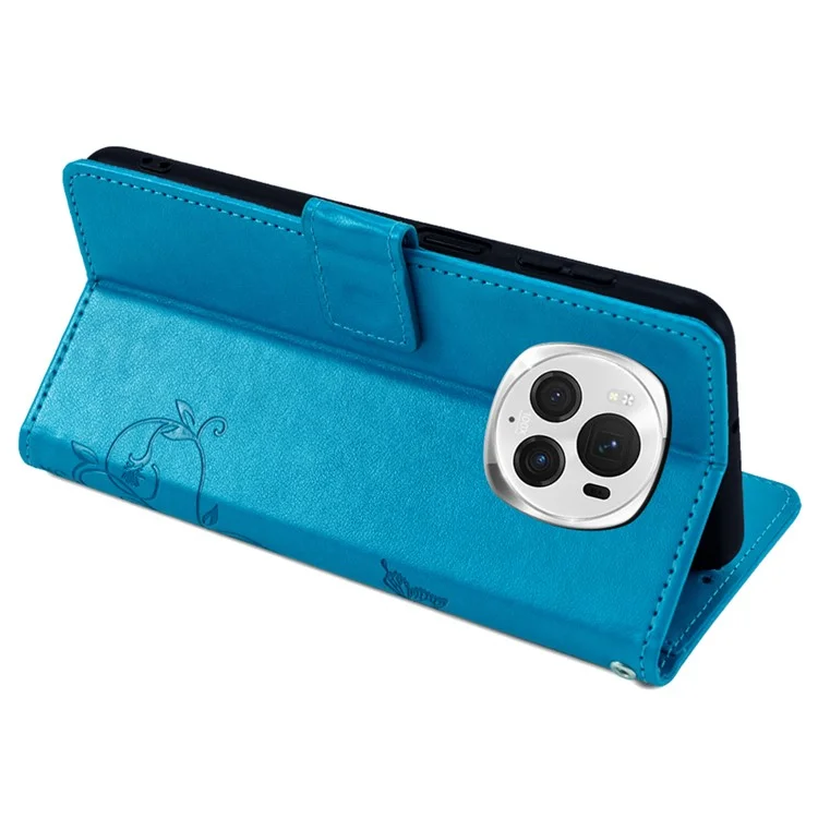 For Honor Magic6 Pro 5G Wallet Case Butterfly Flower Pattern PU Leather Stand Phone Cover - Blue