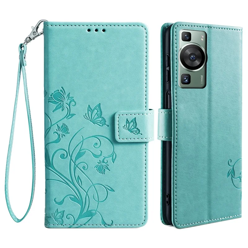 For Huawei P60 / P60 Pro Case Butterfly Flower PU Leather Stand Hand Strap Wallet Purse Phone Cover - Green