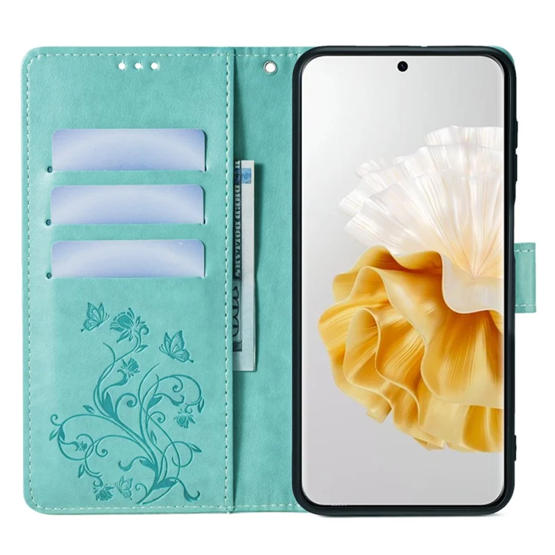 For Huawei P60 / P60 Pro Case Butterfly Flower PU Leather Stand Hand Strap Wallet Purse Phone Cover - Green