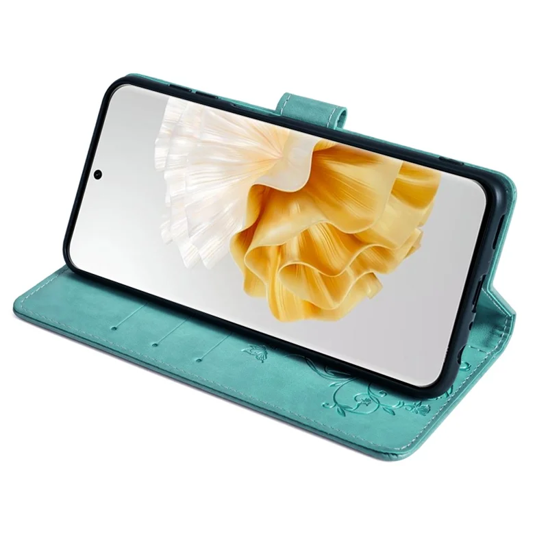 For Huawei P60 / P60 Pro Case Butterfly Flower PU Leather Stand Hand Strap Wallet Purse Phone Cover - Green