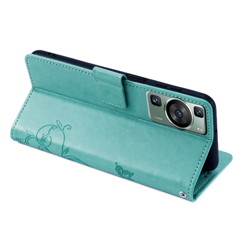For Huawei P60 / P60 Pro Case Butterfly Flower PU Leather Stand Hand Strap Wallet Purse Phone Cover - Green