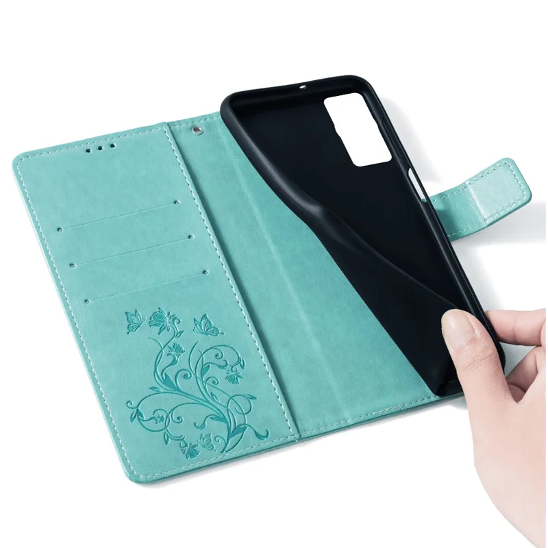 For Huawei P60 / P60 Pro Case Butterfly Flower PU Leather Stand Hand Strap Wallet Purse Phone Cover - Green