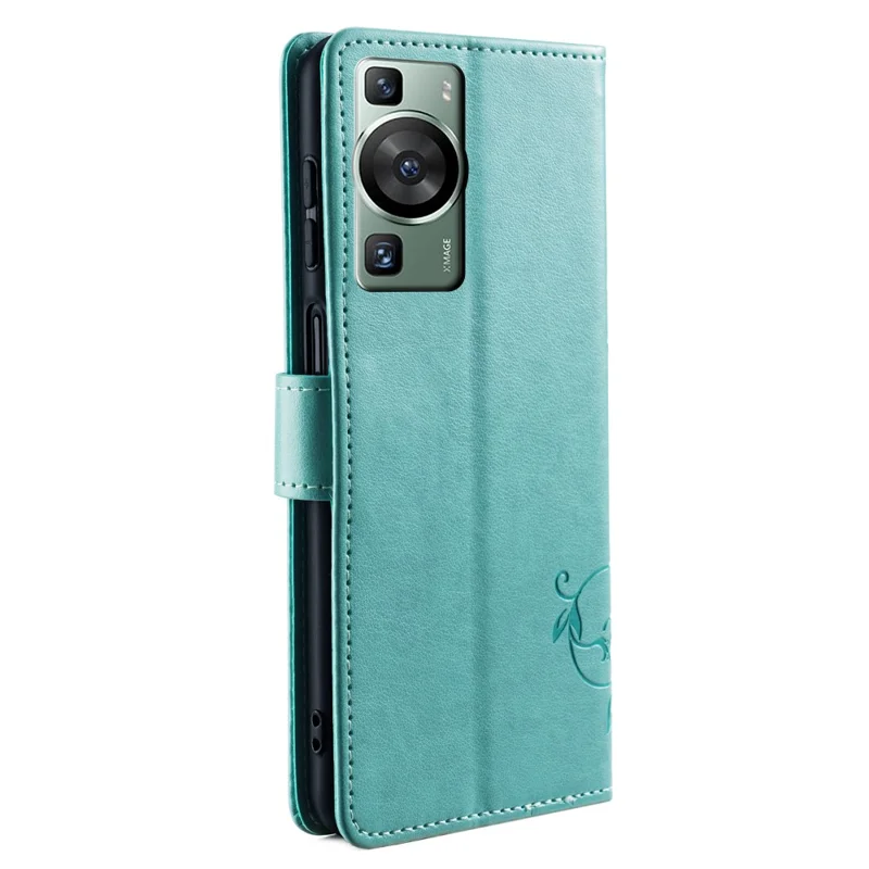 For Huawei P60 / P60 Pro Case Butterfly Flower PU Leather Stand Hand Strap Wallet Purse Phone Cover - Green