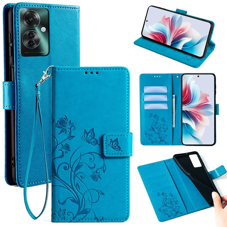 For Oppo Reno11 F 5G Case PU Leather Stand Function Butterfly Flower Pattern Phone Cover - Blue