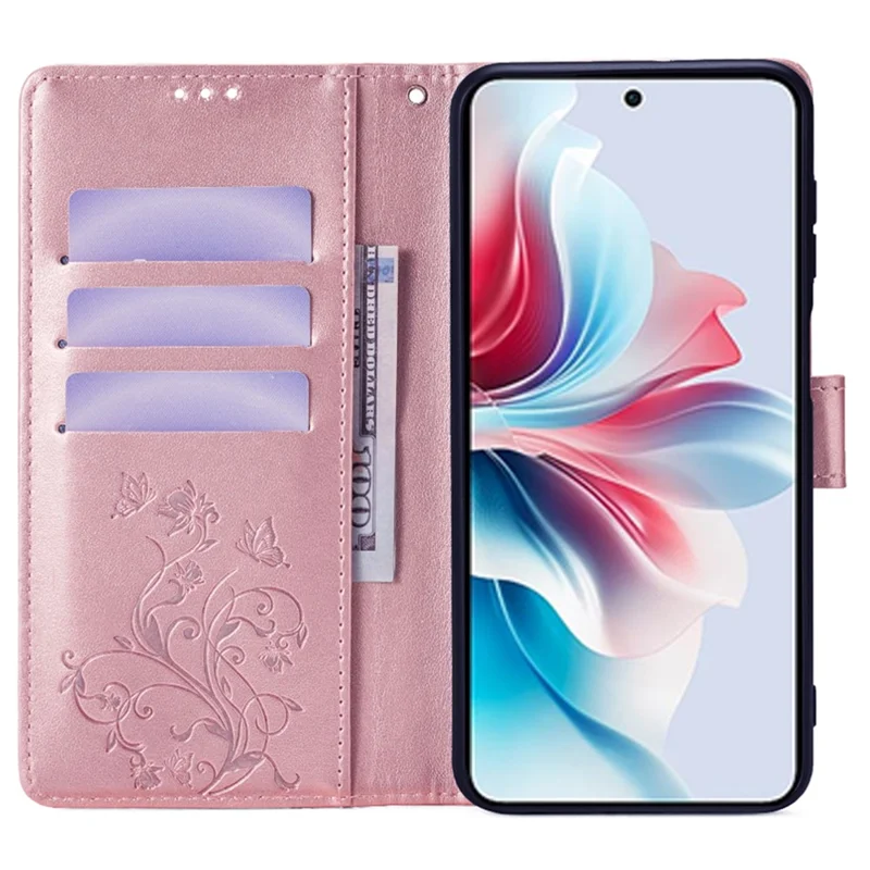 For Oppo Reno11 F 5G Case PU Leather Stand Function Butterfly Flower Pattern Phone Cover - Rose Gold