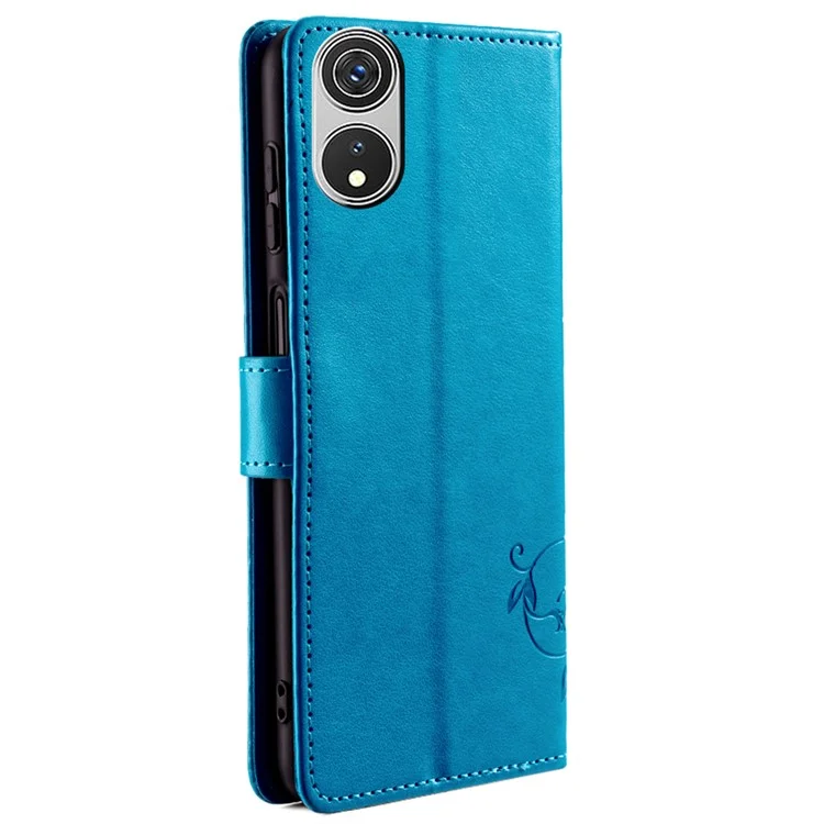 For Cubot P60 Case PU Leather Butterfly Flower Design Flip Protective Phone Cover with Wrist Strap - Blue