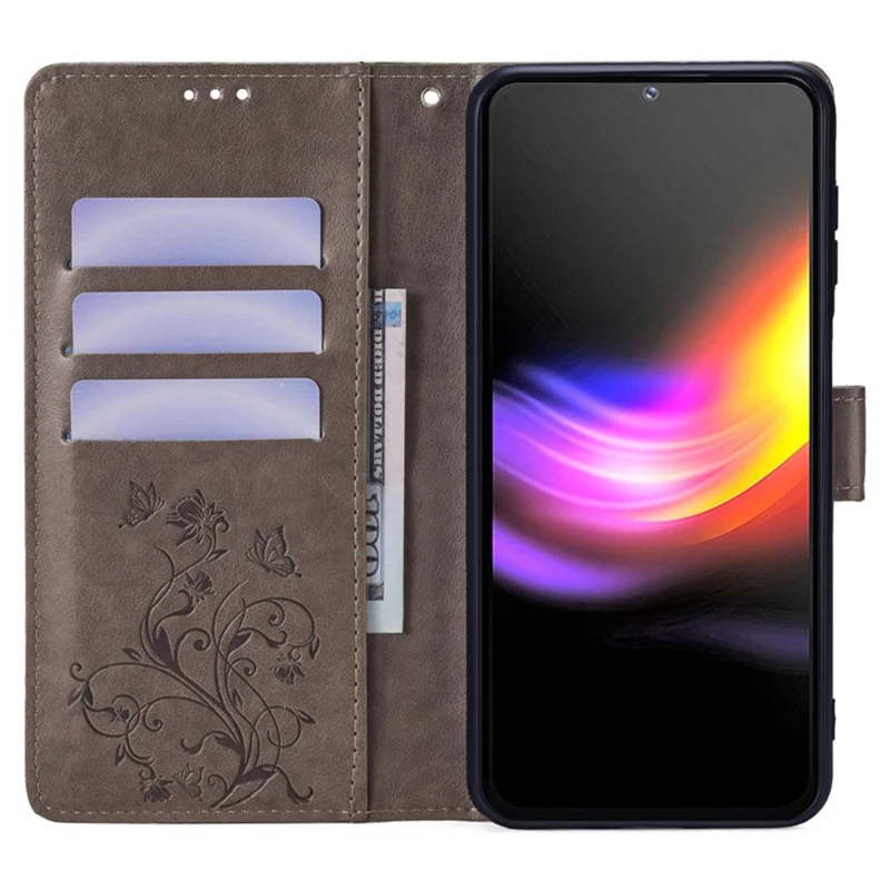 For Cubot P60 Case PU Leather Butterfly Flower Design Flip Protective Phone Cover with Wrist Strap - Grey