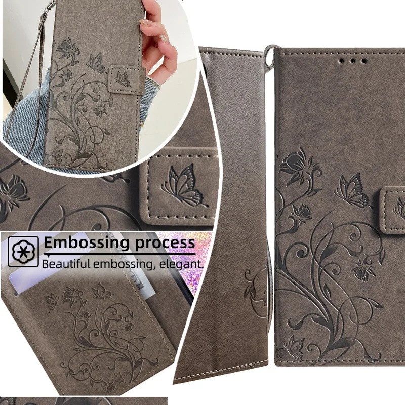 For Cubot P60 Case PU Leather Butterfly Flower Design Flip Protective Phone Cover with Wrist Strap - Grey