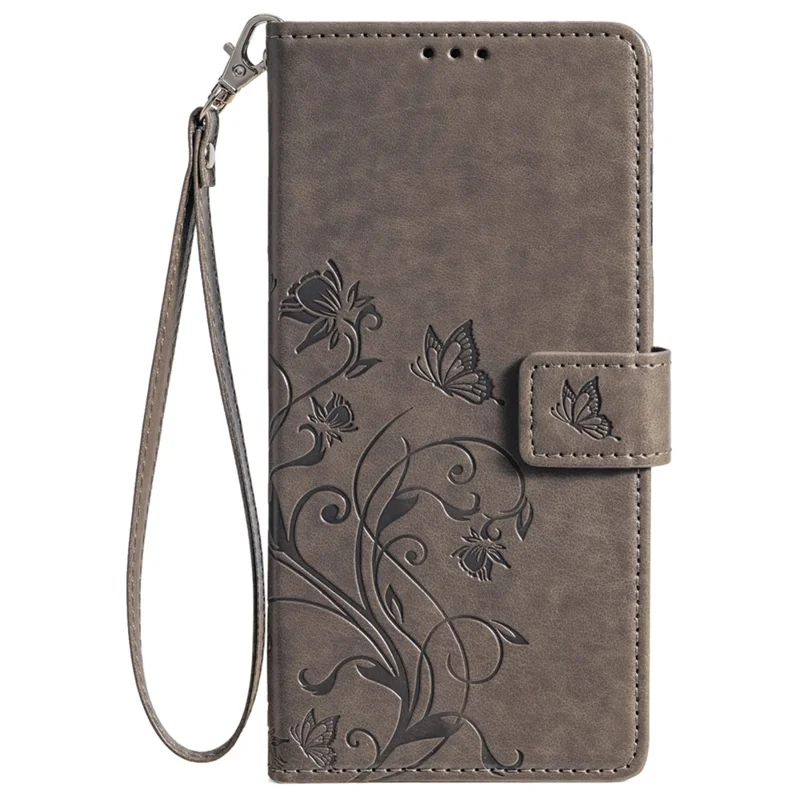 For Cubot P60 Case PU Leather Butterfly Flower Design Flip Protective Phone Cover with Wrist Strap - Grey