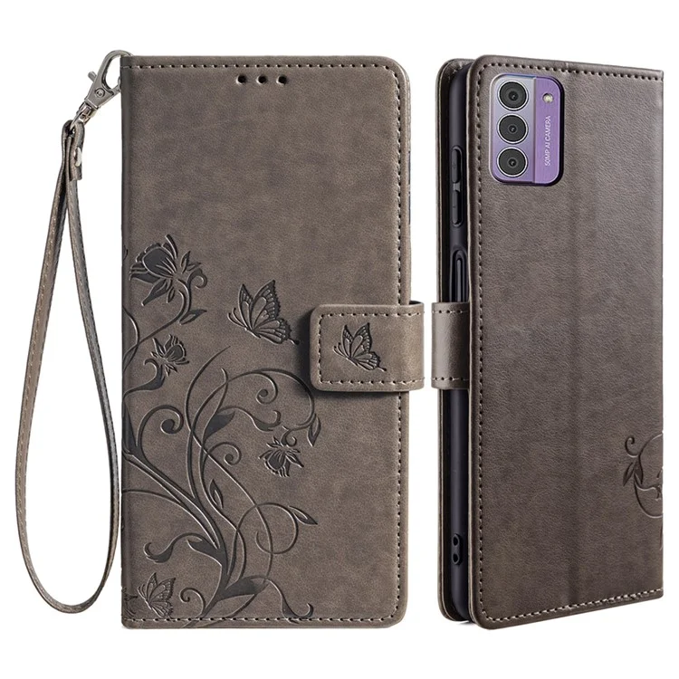 For Nokia G42 Case with Wrist Strap Butterfly Flower Leather Stand Phone Cover - Grey