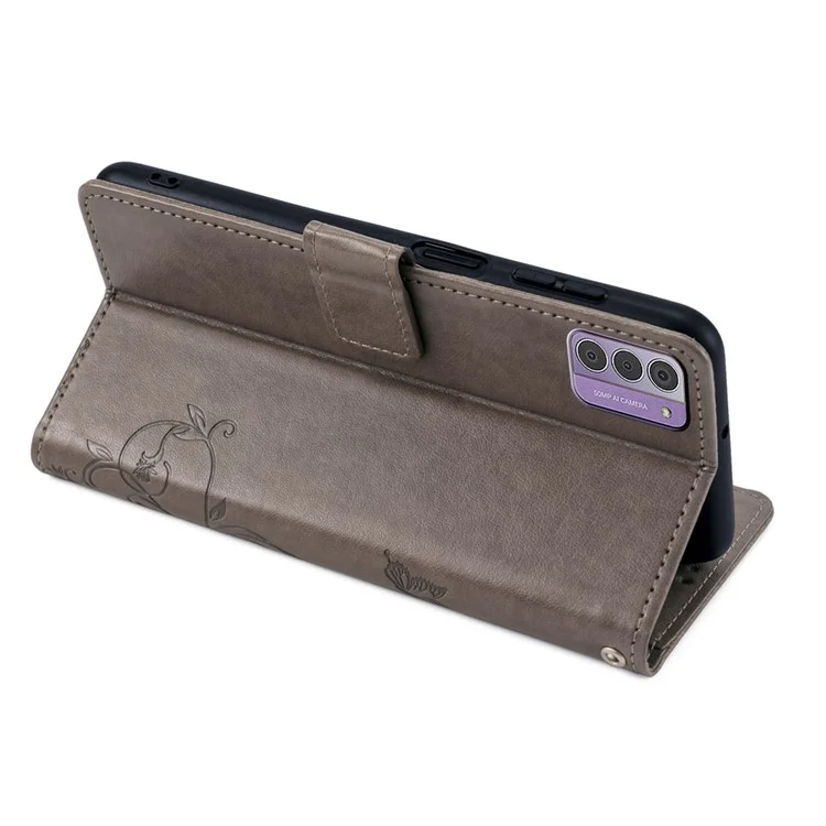 For Nokia G42 Case with Wrist Strap Butterfly Flower Leather Stand Phone Cover - Grey